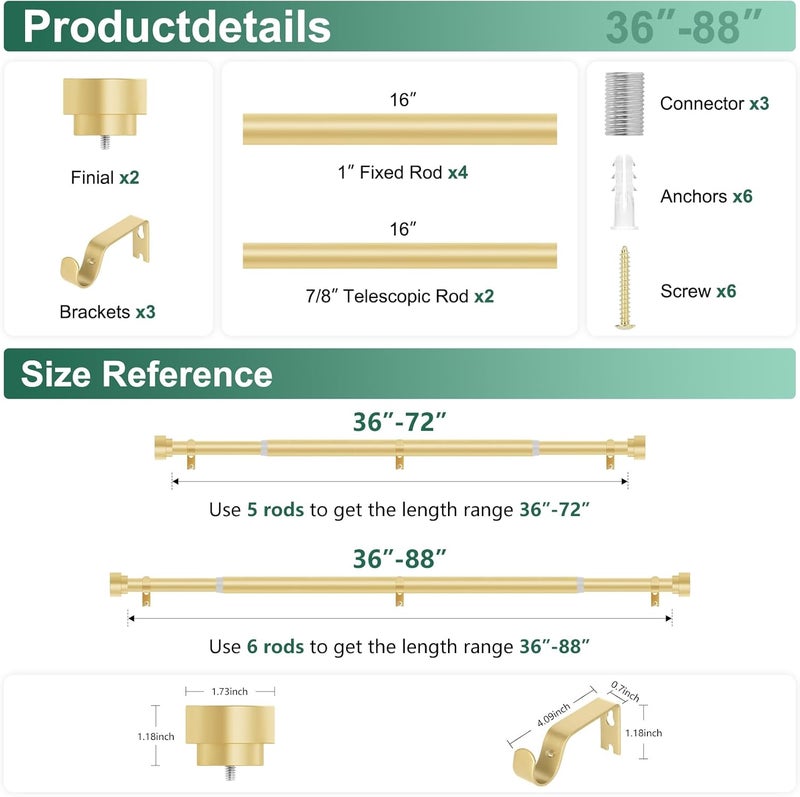 hei! dear Gold Curtain Rods 48 to 84 Inch(4-7FT),1 Inch Heavy Duty Curtain Rods,Adjustable Curtain Rod Set,Modern Decorative Drapery Rods,Telescoping Single Window Curtains Rods 36-88'',Brass Gold - Image 5